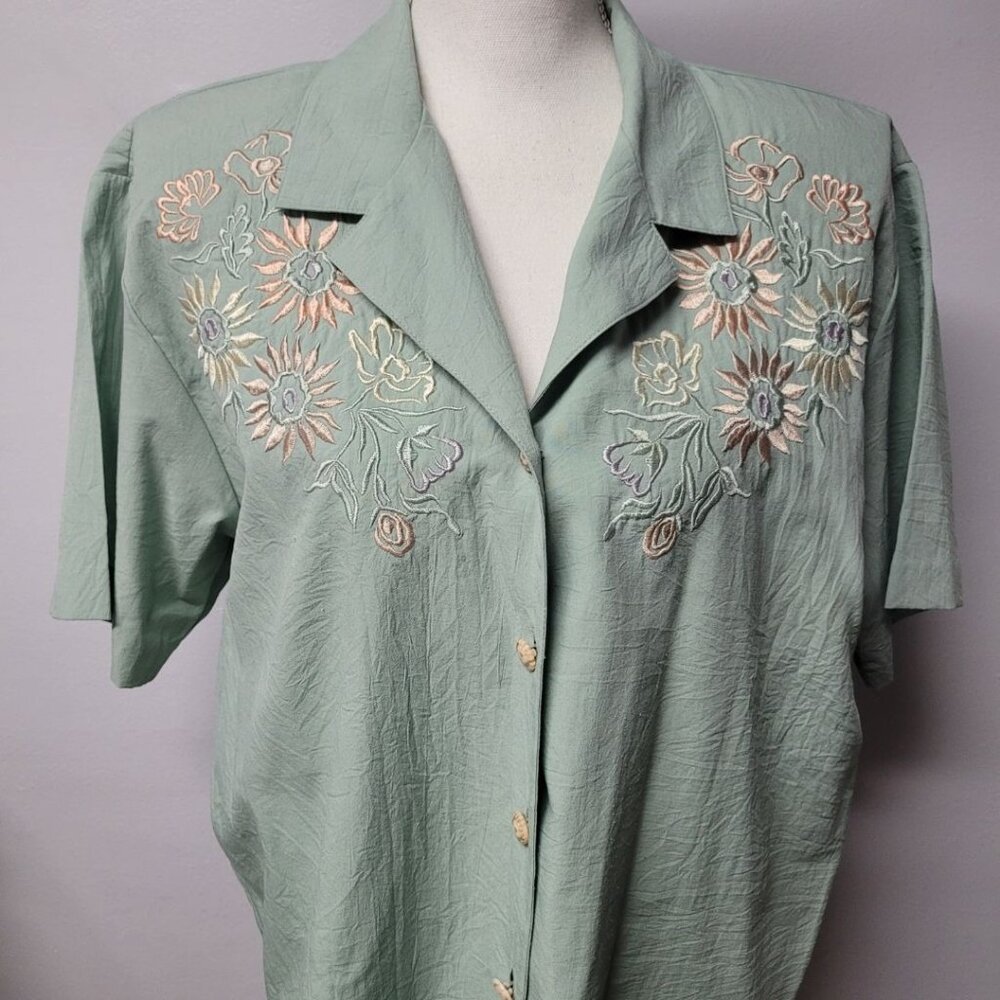 Teddi Vintage Blouse Shirt Green‎ Lightweight Shoulder Pads Womens Large Granny